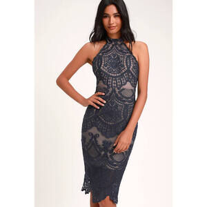 Lulus Navy Blue Lace Halter Midi Dress - Size XL